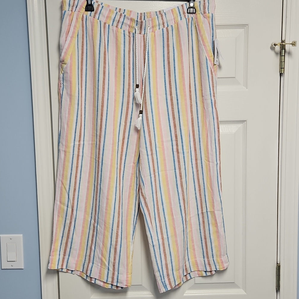 Westbound Linen Blend Mid Rise Straight Leg Lightweight Pant: Multi Stripe: 2X
